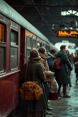 people with backpack waiting for train at railroad station, men and women with bags, travel, tourism