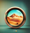 Desert landscape with a sun and sandy. Vector Illustration. Desert dunes background. Abstract vector background with dramatic desert dunes in round window