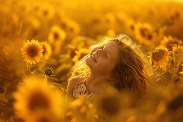 Wall Mural - A happy girl with red hair smiles among sunflowers in the sunlight