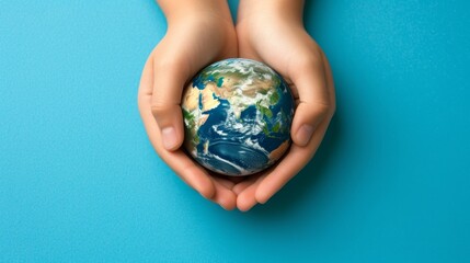 Wall Mural - Caring hands embracing miniature earth on vibrant blue background with copy space