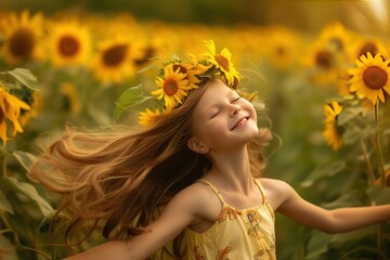 Wall Mural - A happy girl is smiling in a sunflower field, surrounded by yellow flowers