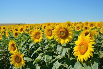 Wall Mural - Two happy sunflowers stand tall in a field under a blue sky