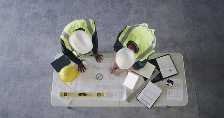 Poster - Above, people and architecture in discussion on table, safety gear and calculations for building materials. Blueprint, construction workers and contractor by engineering plans and technical drawings