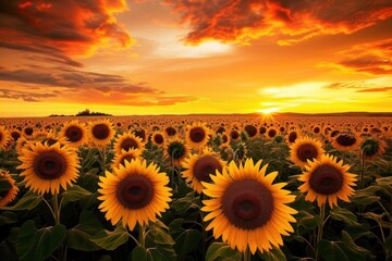 Wall Mural - Field of sunflowers with setting sun painting sky, creating breathtaking view