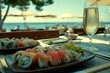 sushi on a restaurant table by the sea