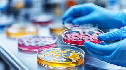 Wall Mural - Scientist observes Petri dish with diverse bacteria, highlighting antibiotic development in pharmaceutical research