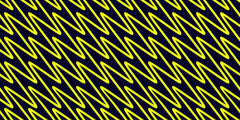 Bright colorful zigzag lines seamless pattern. Vector texture with diagonal zig zag, waves, stripes, chevron. Simple neon yellow and black abstract geometric background. Stylish funky retro design