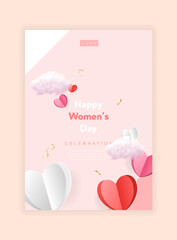 Wall Mural - 8 March women's day posters set. Paper cure red and pink hearts and realistic ribbons. Cute love sale banners or greeting cards. Vector illustration
