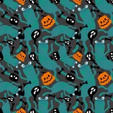 Fototapeta Pokój dzieciecy - Halloween animals seamless frogs and pumpkins and ghost and skulls pattern for wrapping paper and fabrics 