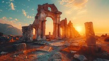Ancient Ruins At Sunset, History And Archaeology, Golden Light