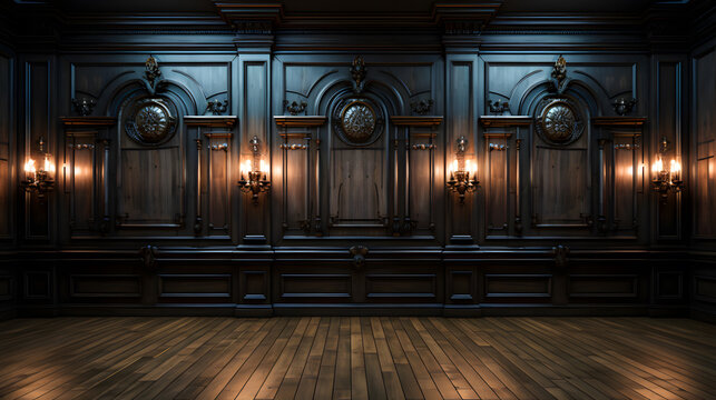 an empty room with wooden boiserie on the wall featuring walnut wood panels. Wooden wall of an old-styled room design.