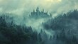Fairy tale castle in a misty forest, magical and mysterious, fantasy landscape