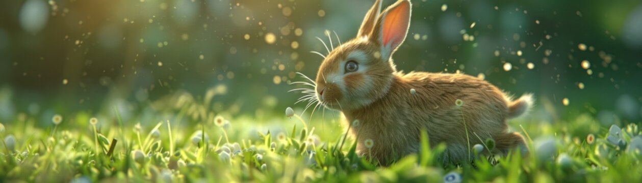 Fluffy Easter bunny hopping through a green field