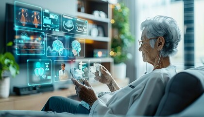 remote health monitoring for elderly care with an image showing caregivers or family members remotely monitoring the health and well-being of elderly individuals using telemedicine-enabled devices, AI
