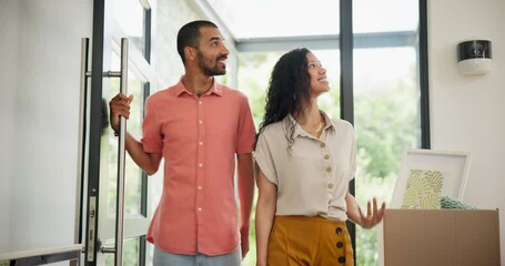 Poster - Happy family, moving and open door to new home, property and excited in real estate with love together. Man, woman and children in living room, celebration and mortgage for investment in modern house