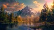 majestic landscape with a large lake and large mountains with green pine trees and a purple sunset