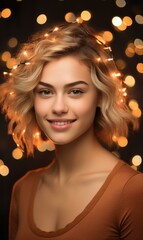 Poster - A young woman with short blonde hair and Christmas lights. Generative AI.