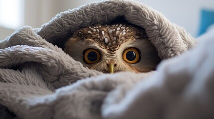 Poster - Owl hiding under blanket. Generative AI.