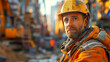 Portrait of a man in a construction helmet on a construction site