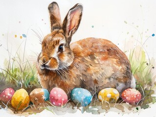 Wall Mural - Watercolor Easter bunny, side margin, spring hues