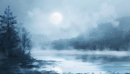 Wall Mural - winter lake in the style of mysterious nocturnal scenes Generative AI