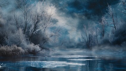 Wall Mural - a lake filled with mist and frozen trees at night Generative AI