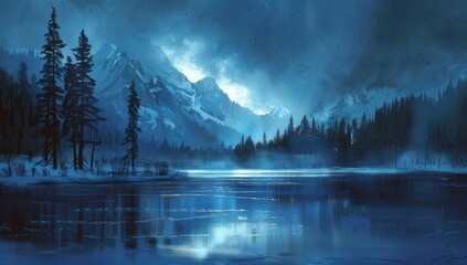 lake in dark night with blue sky Generative AI