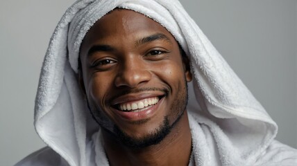 Portrait of smiling young black man with white towel on head plain bright white background bright white studio lighting from Generative AI