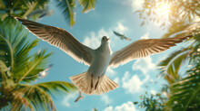 A White Bird In The Air In The Caribbean With Palm Trees In The Background