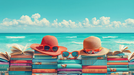 Wall Mural - A beach by the sea. In the foreground are books, sunglasses and straw hats