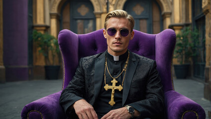 young priest in black cassock sitting on a purple armchair in a room in a luxurious apartment