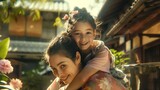 Fototapeta  - Cute young daughter on a piggy back ride with her mother.