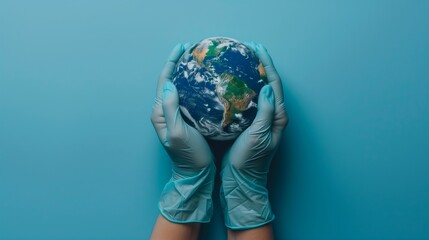 doctor's hands in medical surgical gloves holding earth globe on blue background, world health day a
