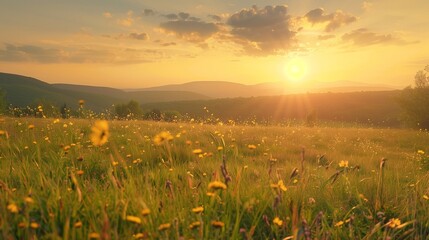 Wall Mural - Golden evening on the summer meadow, natural landscape