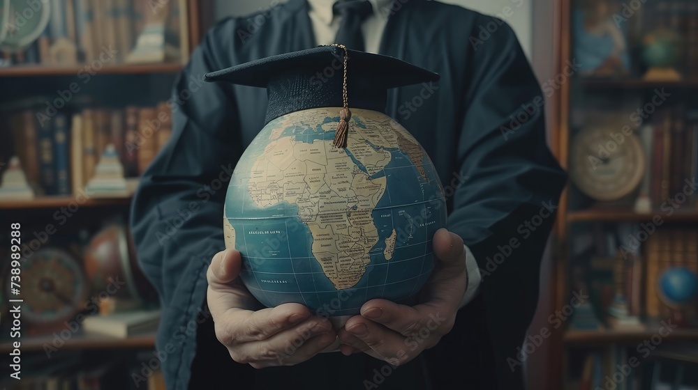 Education in Global world, Graduation cap on Businessman holding Earth ...