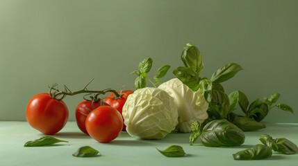 Wall Mural - Still life composition, young cabbage, basil, and tomato arranged on a green background