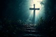 A mystical path winds toward a luminous cross in a foggy, forest clearing