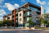 Fototapeta Dmuchawce - Contemporary urban living scene featuring a chic apartment complex in a bustling residential area Highlighting modern architecture and community lifestyle.