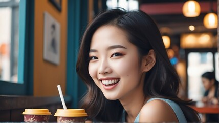 Portrait of a young beautiful asian girl that looks like an idol laughing on a cafe background from Generative AI