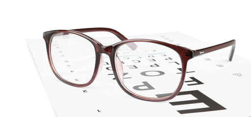 Glasses and vision test chart isolated on white