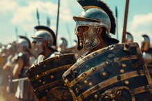 Roman Gladiators In Combat Historical Reenactment Of Ancient Warriors Strength And Bravery