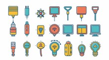 A Set Of Vector Linear Web Icons Featuring Cable Wire, Computer, And Electricity Plug, Presented In Flat Color Design Elements