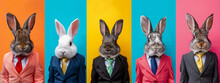 Funny Rabbits Or Bunny In Suits And Tie, On Color Background In Row. Fancy Rabbit Banner, Easter Bunny, Easter.