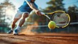 © WARAPHON - Focused tennis player sliding to hit a backhand on a sunlit clay court during a competitive match.