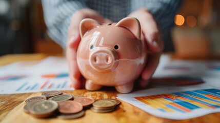 Close-up of hands placing a piggy bank on a table with financial charts and coin stacks, concept of saving and budgeting.