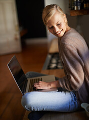 Poster - Remote work, laptop and happy woman in a house for research, planning or web communication. Freelance, smile and female person in living room with social media, blog or copywriting, project or task