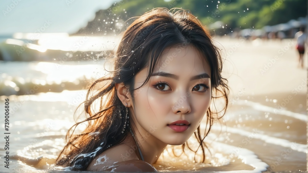 Beautiful young korean woman on beach with water splash on summer ...