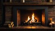 Brown brick fireplace with warm fire and logs from Generative AI