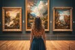 © top images - A woman in an art gallery looks at paintings. Background with selective focus and copy space