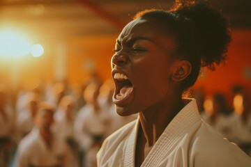 Poster - A woman trains in karate classes. Background with selective focus and copy space